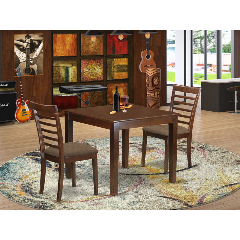 3 Piece Dining Table Set for Small Spaces Contains a Square Dining Room Table and 2 Linen Fabric Chairs, Mahogany