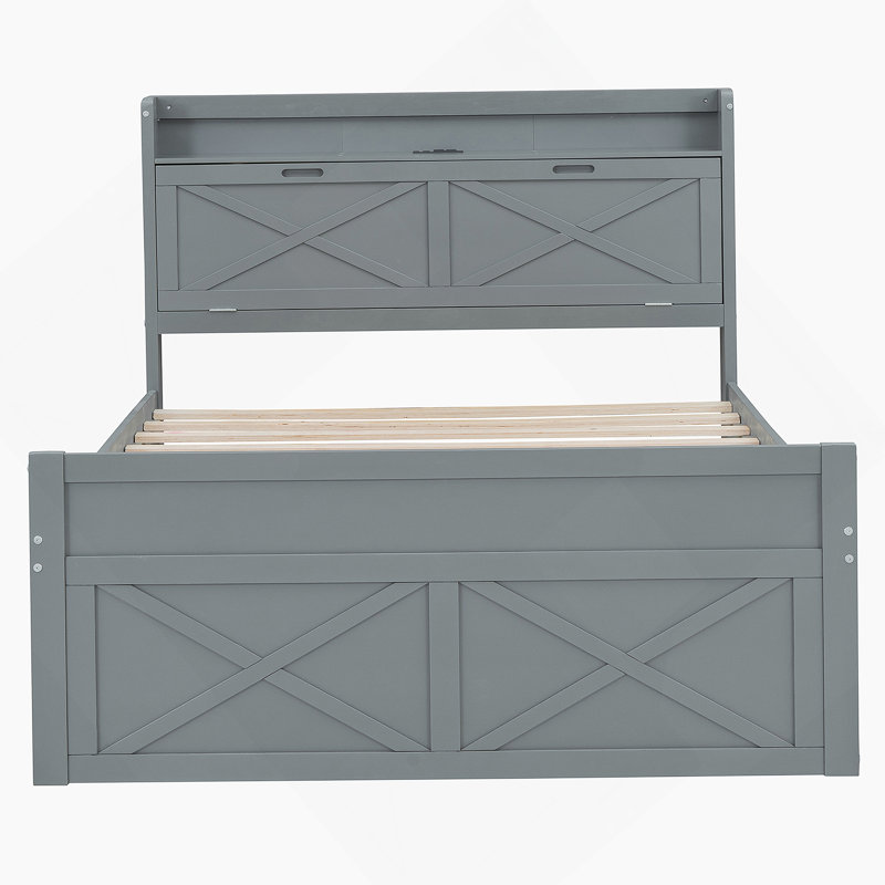 Lit double en bois avec tête de lit avec rangement, Gris, Double