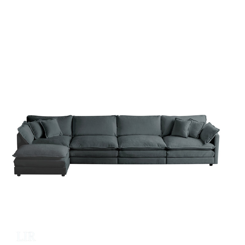 Canapé modulaire rembourré 5 pièces en chenille en tissu Anvi, Gris chenille, 33" H x 146.5" W x 57.4" D