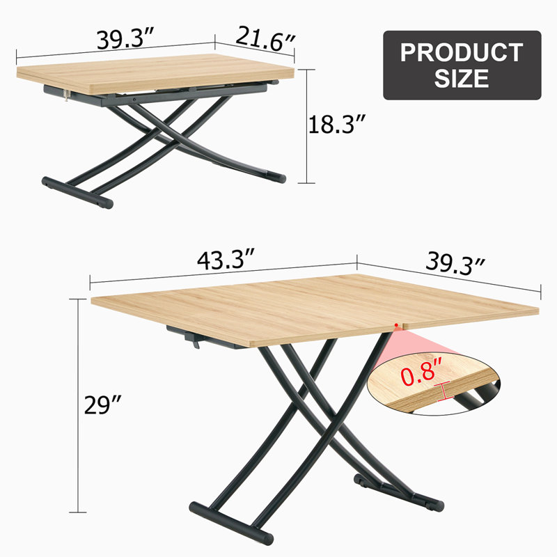 Modern Minimalist Multifunctional Lift Table With 0.8-Inch MFC Tabletop And Black Metal Legs, Can Be Used As Dressing Table, Coffee Table, Dining Table, And Office Desk.