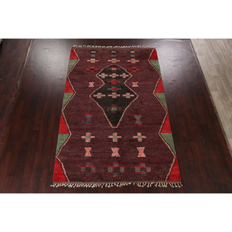 Tapis rouge en laine noué à la main de conception unique 6 pi 4 po x 9 pi 9 po marocain