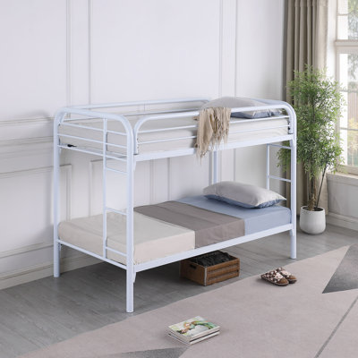 Lit superposé simple au-dessus de simple, cadre de lit moderne en métal avec échelle et garde-corps, aucun sommier requis, blanc