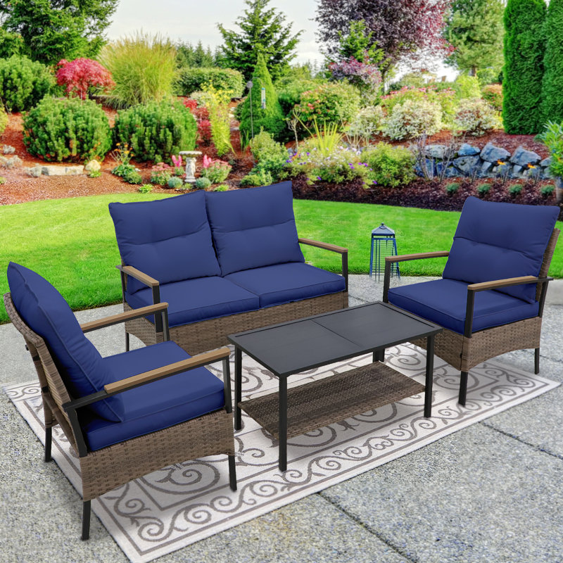 Ensemble de conversation d'extérieur pour 4 personnes avec coussins , Bleu