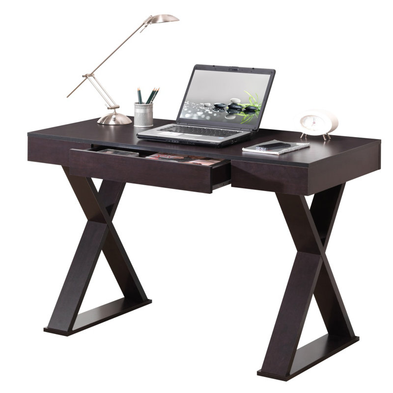 Bureau espresso avec tiroir à accessoires central, pieds en forme de X et stratifié résistant à l'humidité