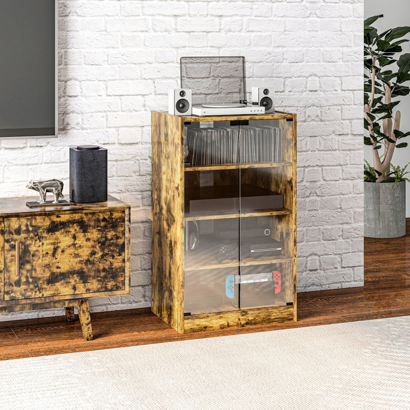 4 Media Cabinet In Rustic Brown - Audio Video Stand With Adjustable Shelves & Tempered Glass Doors For Receiver, Player, Gaming Console, Laptop Stereo Cabinet, Brown, Shelves, Doors, Cable Management