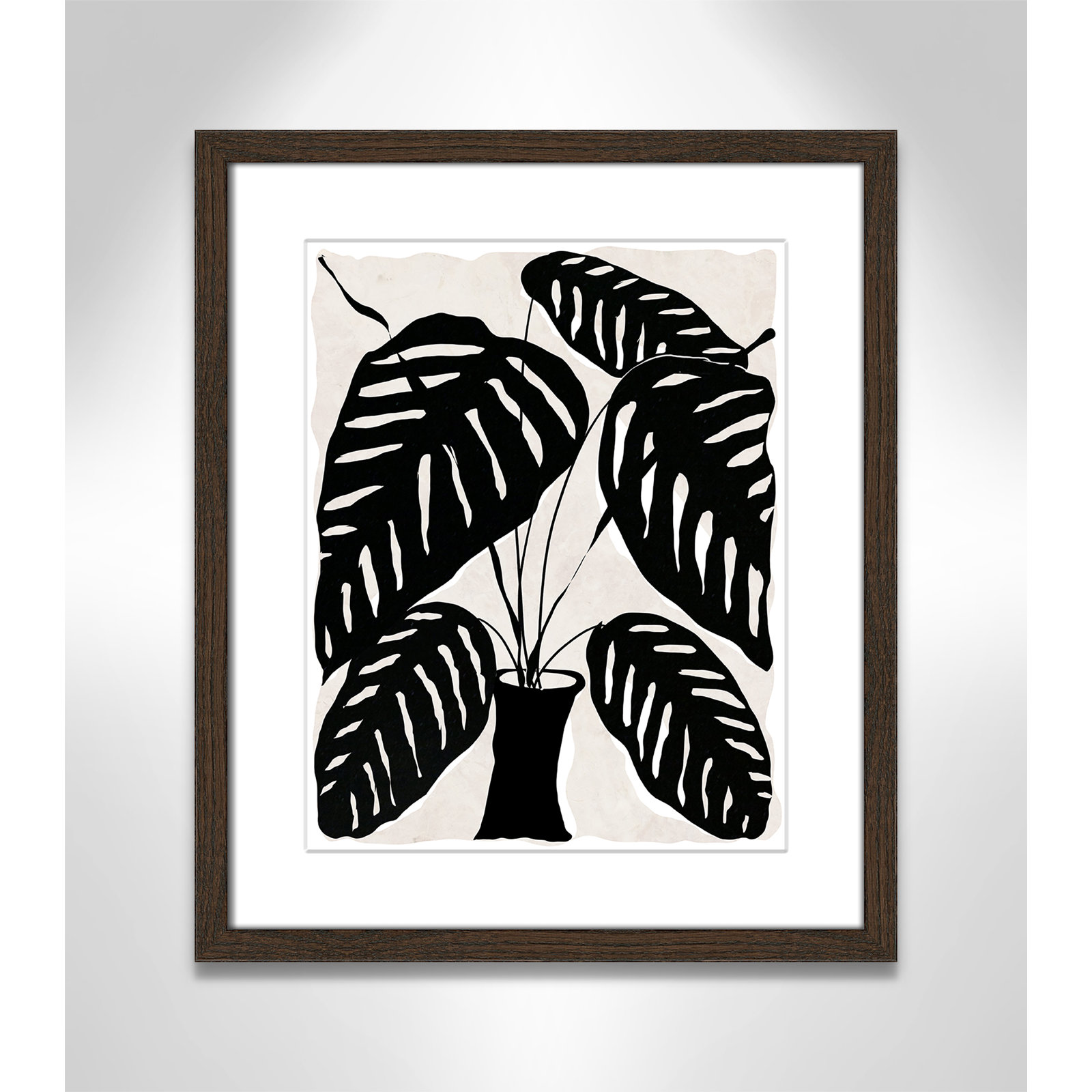 Black and White Potted Plant I Print, 19" H x 16" W x 0.75" D, Walnut Framed