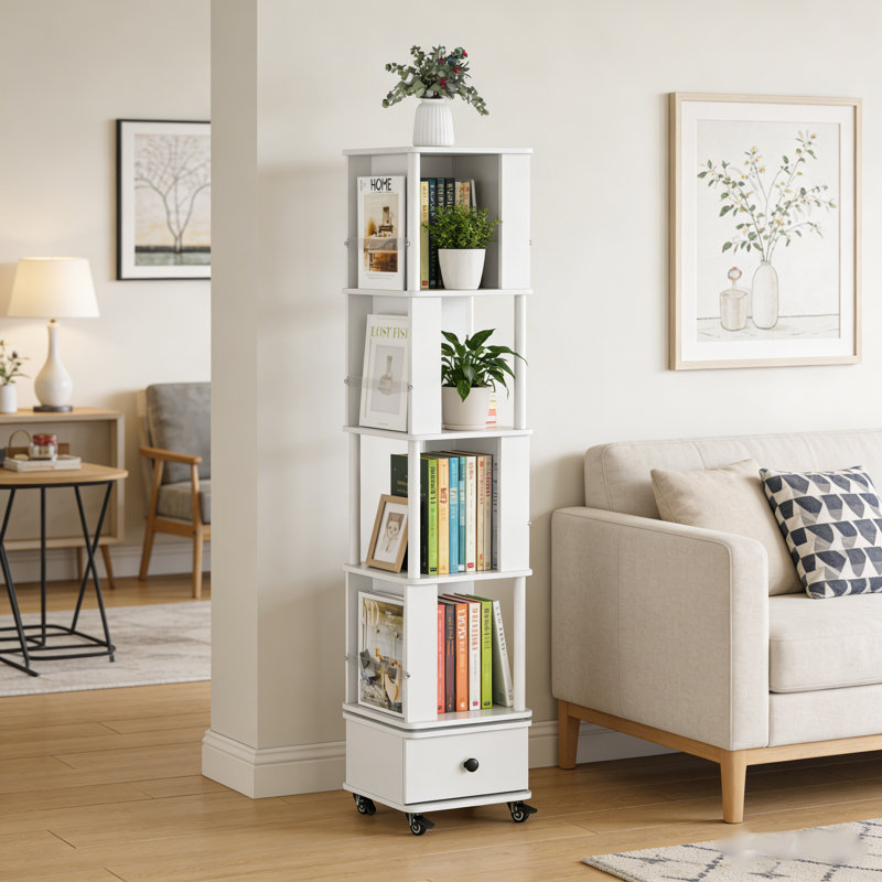 White 360° Rotating Bookshelf - Sturdy MDF Storage Shelf with Lockable Casters for Living Room, Bedroom & Home Office
