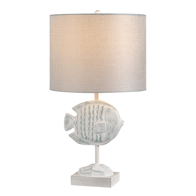 Light Blue And White Resin Fish Table Lamp With Shade