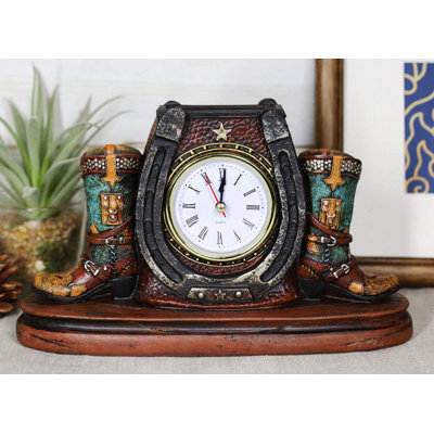 Horloge de table en résine synthétique Jonesha Country Western Star Lucky Horseshoe