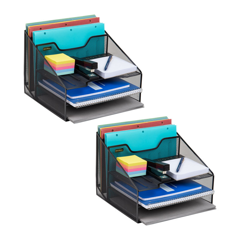 Black Metal Mesh 5-Compartment Stackable Letter Tray Organizer, 2-Pack