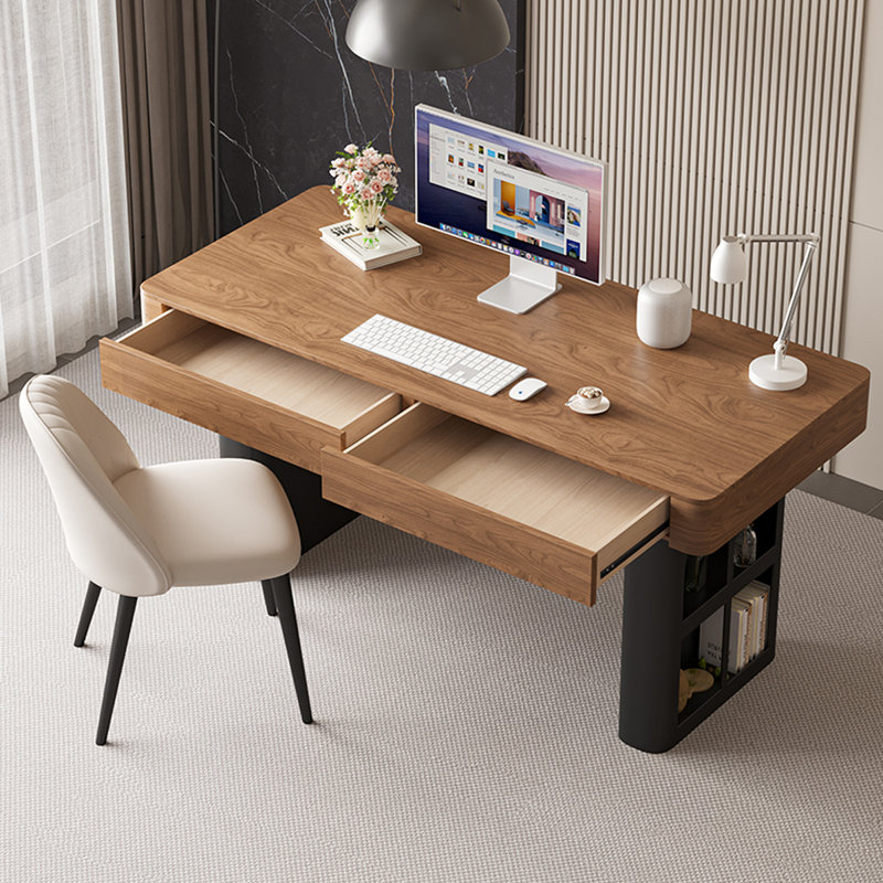 Bureau en bois manufacturé rectangulaire brun noisette + noir + acier au carbone avec 2 tiroirs, Brun noyer