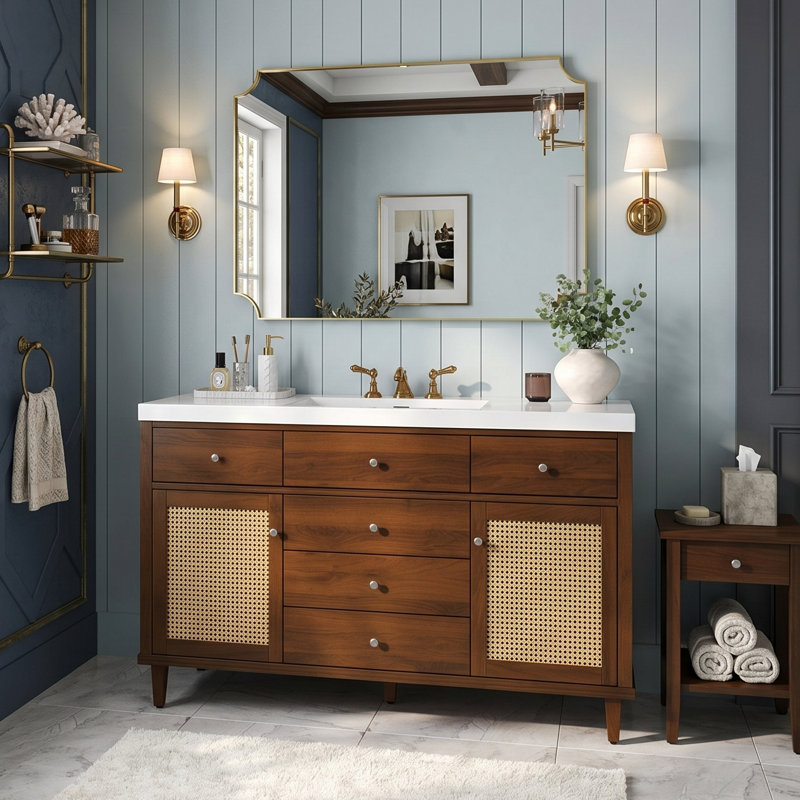 Meuble-lavabo moderne en rotin 60 po avec lavabo SMC, armoire de rangement en bois massif avec 5 tiroirs à fermeture en douceur (naturel / brun)