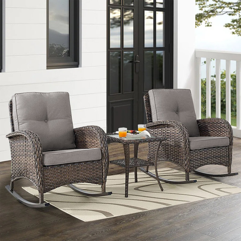 Aluel Outdoor Brown Wicker Patio Furniture Rattan Rocking Chairs with Cushions and Side Table, Gray
