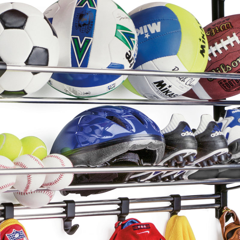 Black Steel and Polymer Wall Mount Sports Equipment Organizer