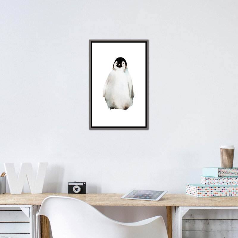 Art pingouin, H 26 po x l 18 po x P 1,5 po, Toile encadrée de bois rustique foncé