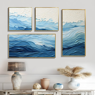 Vagues modernes bleues et blanches de la côte I - décoration murale nautique bleue 4 pièces
