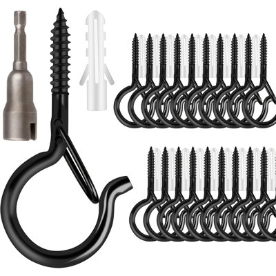 50 Pcs Safety Buckle Screw Eye Hooks, Anti-Rust Self Tapping Hooks for Patio Ceiling Wall Hanging, for String Lights, Planters, Wind Chimes & Outdoor Decor