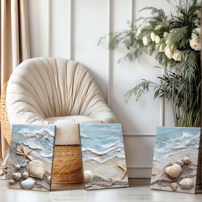 3PCS Wall Arts Posters Framed, 3 Piece Coastal Canvas Wall Art with Textured Waves Seashells Starfish and Net Relief Nautical Beach Decor for Living Room Bedroom Bathroom Ocean Themed Home Decoration Ready to Hang