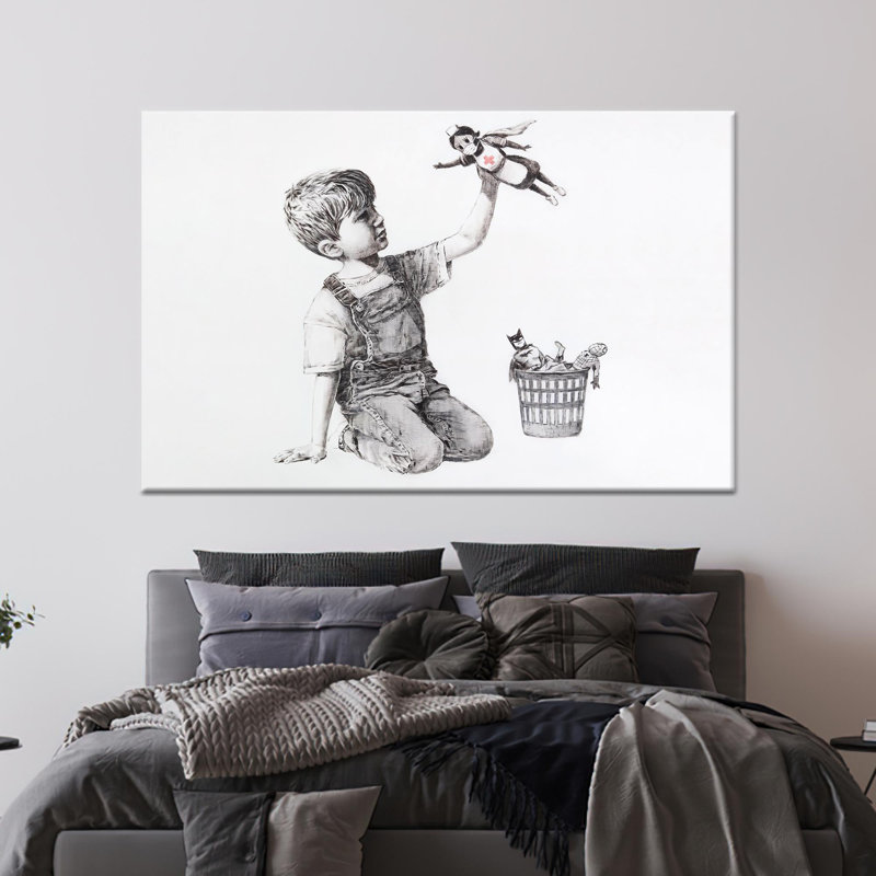 Impression sur toile Banksy Boy, Game Changer, toile blanche encadrée 1P, 47,3 po H x 102,4 po l