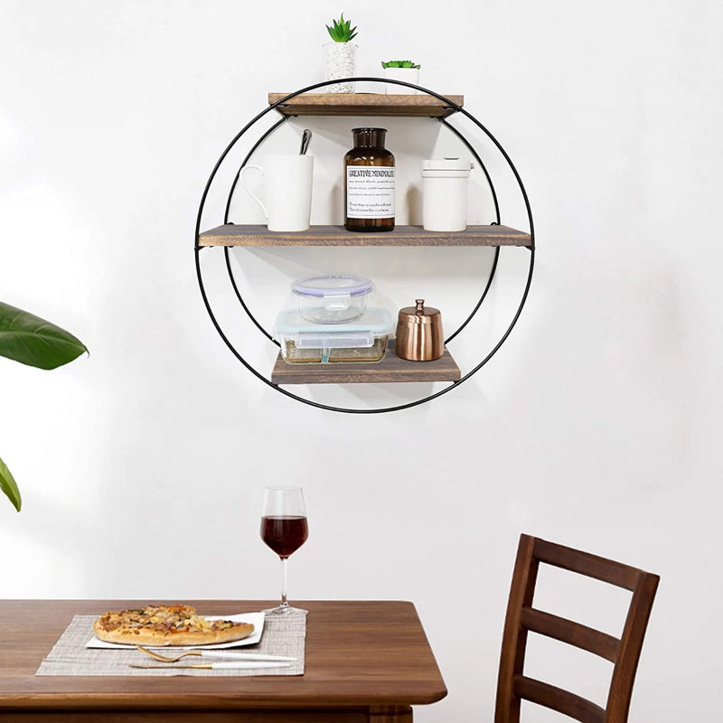Alaina 3 Piece Circle Wood Floating Shelf, Brown