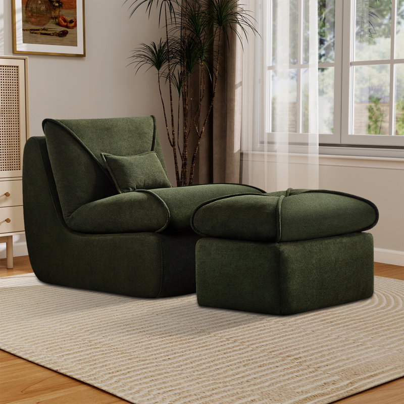 Fauteuil d'appoint rembourré avec repose-pieds Modern, Chenille verte
