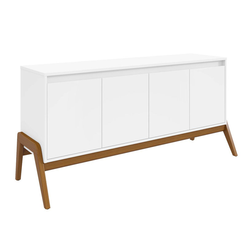 Buffet en bois massif de style Mid-Century 63 po avec 4 tablettes Gales, Blanc mat