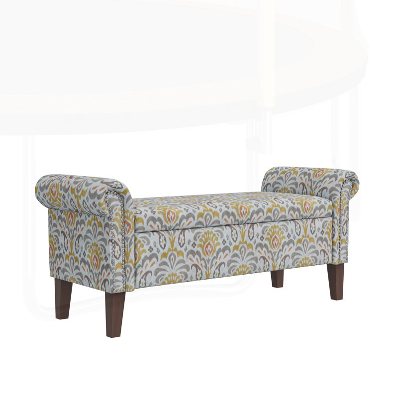 Banc avec rangement à accoudoirs roulés Traditional avec garniture cloutée étain et pieds en bois massif, parfait pour un décor et un rangement élégants