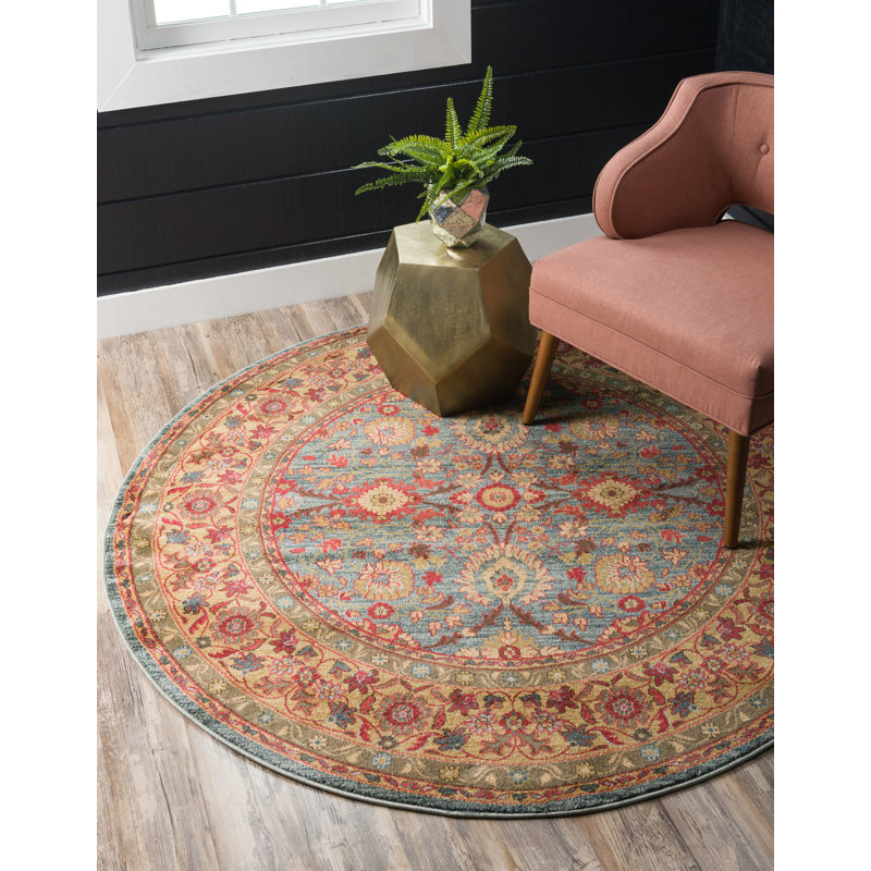 Tapis bleu clair tissé au métier mécanique Moore, Rond 8 pi