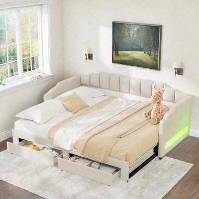 Extendable Upholstered Daybed With 2 Storage Drawers And Led Light