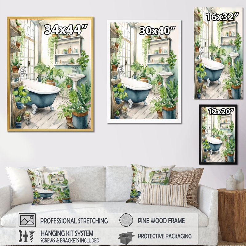 «Bathroom Botanical Dream I», reproduction sur toile, H 44 po x l 34 po x P 1,5 po, Encadrement doré