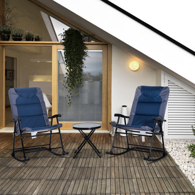 Ensemble de mobilier d'extérieur 3 pièces avec table basse en verre et 2 chaises berçantes pliantes rembourrées Outsunny