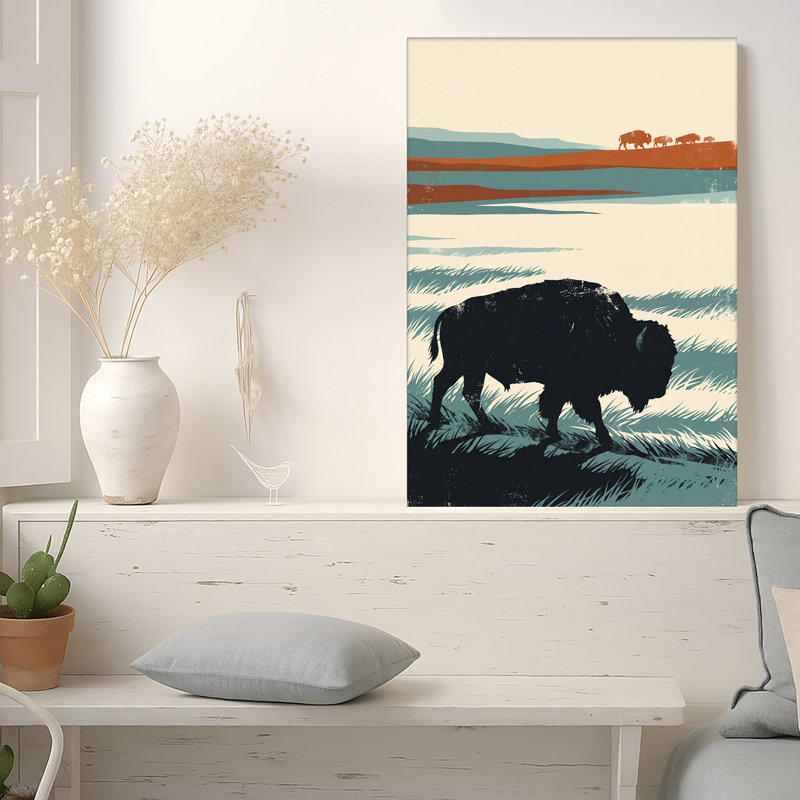 Art mural sur toile, "Bison noir" et "Troupeau d'oranges" sur fond bleu et crème, 24"H x 18"W
