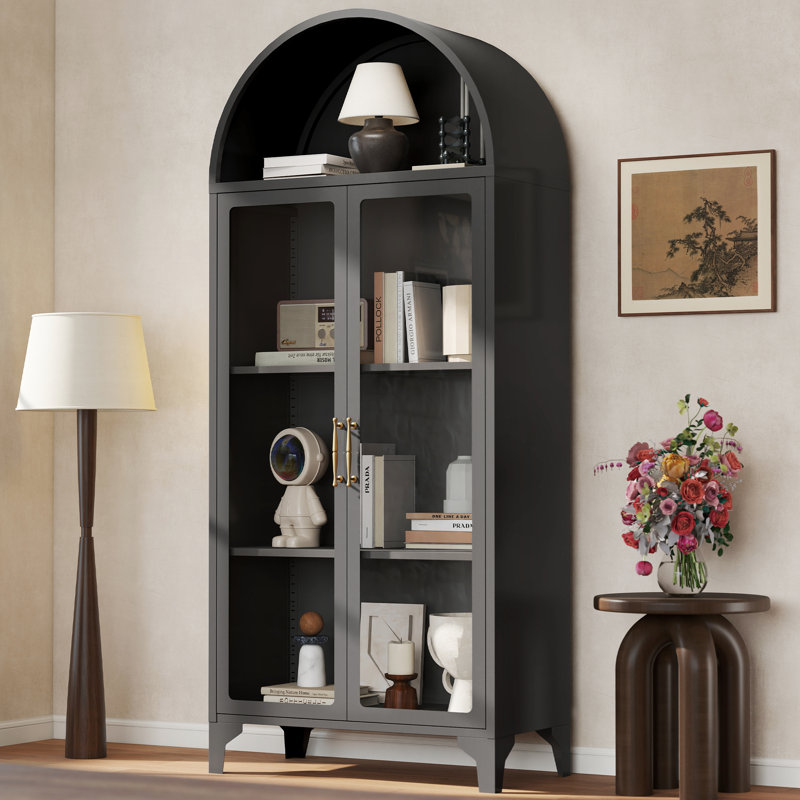 Vitrine de rangement arquée en métal 73,6 "avec tablettes réglables et portes en verre, Noir