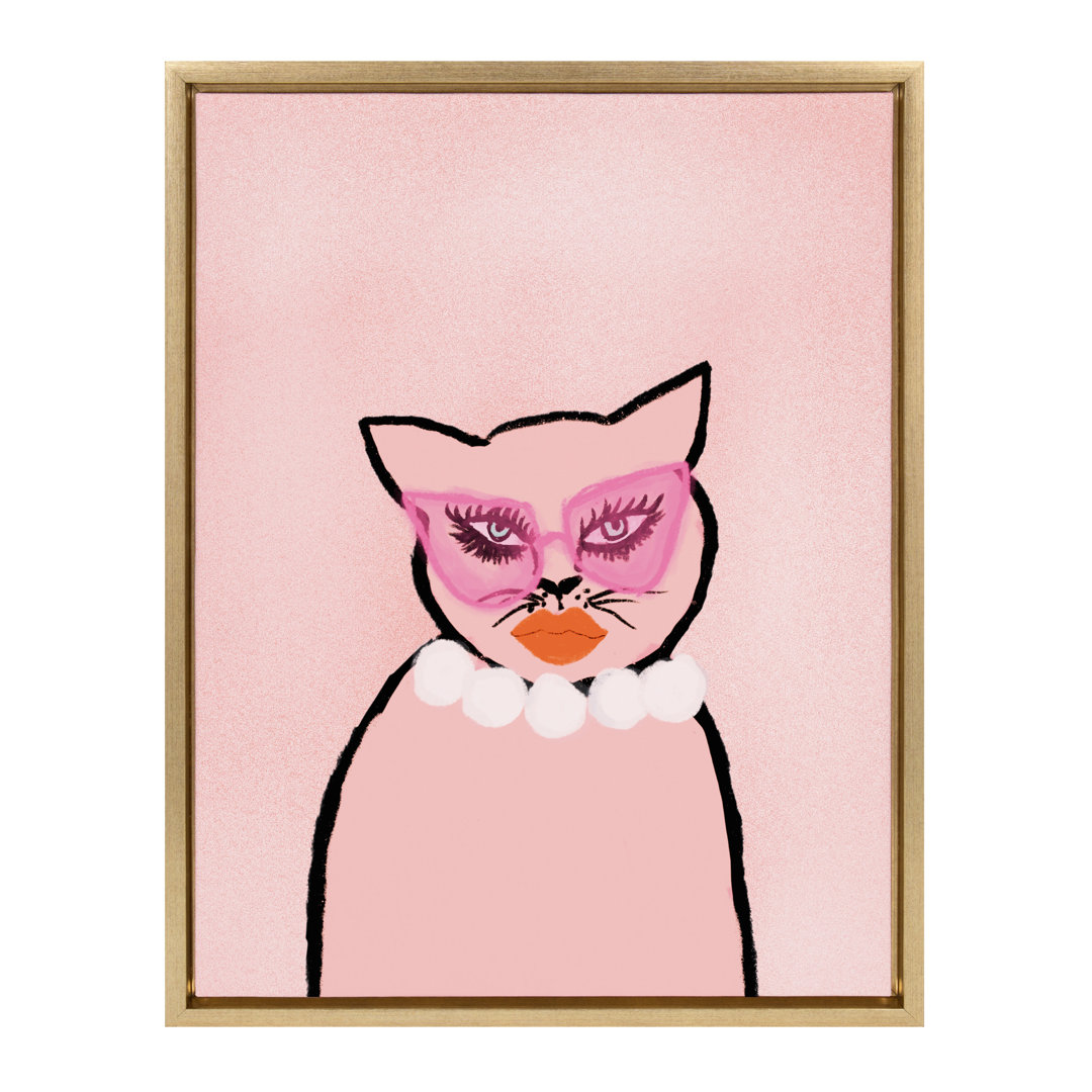 Cat in Pearls by Bouffants and Broken Hearts LLC Framed Canvas Wall Art Print Everly Quinn