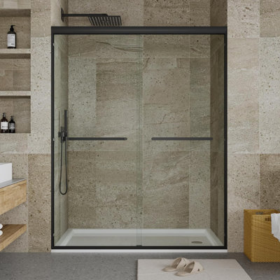Double Sliding Shower Door, 44"-48" w x 72" h Semi-Frameless Bypass Bathroom Door with 1/4" Tempered Glass,Matte Black Finish for Walk-in Shower