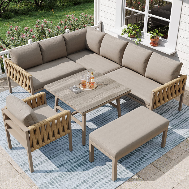 Outdoor Lounge Sofa Set With Coffee Table - Modular, Galvanized Iron Frame, Rope & Wood Look, Beige