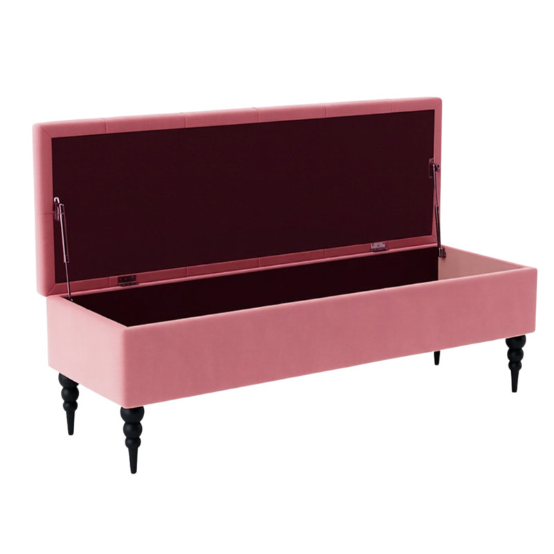 Safar Wide Tufted Rectangle Ottoman Storage Bench – Upholstery Plush Velvet Shoe Bench with Black Turned Wooden Legs, Pink