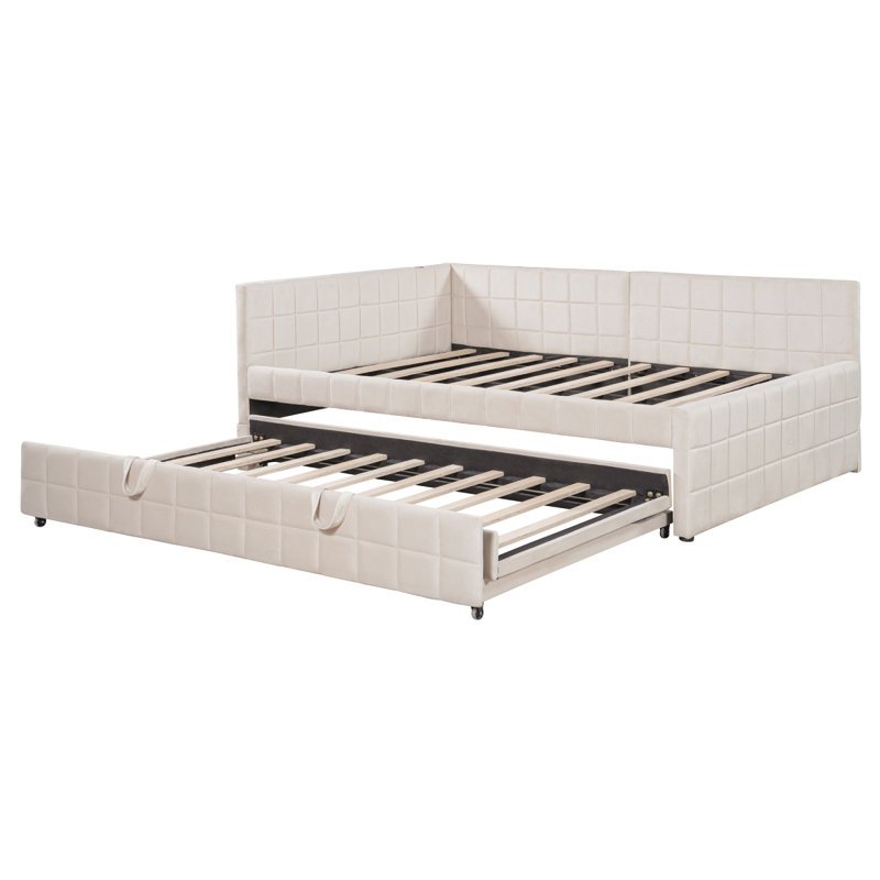 Lit de jour double rembourré en L avec lit gigogne escamotable et ports USB, beige, Beige