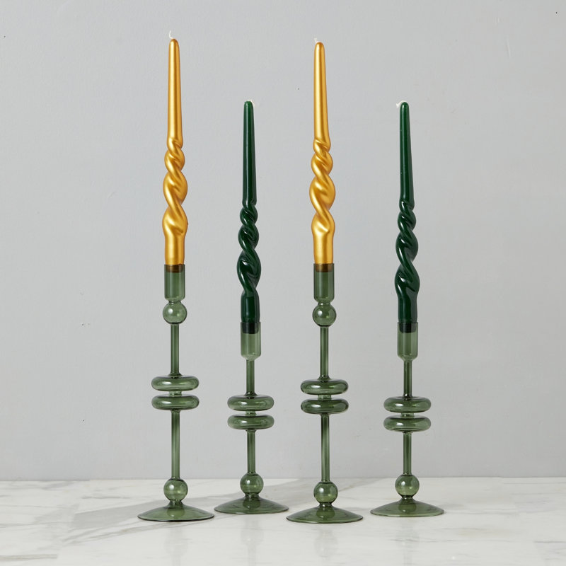 Glass Candlestick, 12" H x 4" W x 4" D, Emerald Green