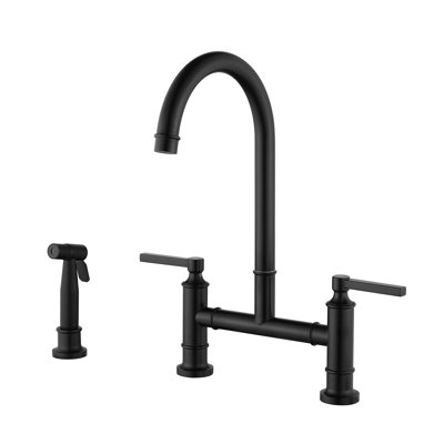 WESHI 15" Matte Black Double-Handle Bridge Kitchen Sink Faucet with Pull-Out Side Sprayer