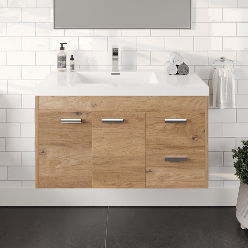 Meuble-lavabo mural en chêne naturel Alpharetta l 36 po x P 20 po avec comptoir en acrylique blanc et lavabo intégré