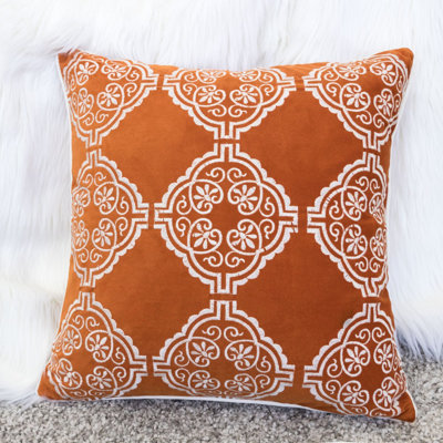 Burnt Orange Damask Embroidered Throw Pillow – Boho Geometric Cushion