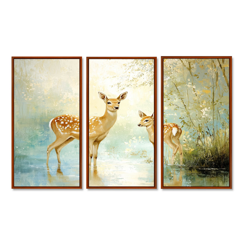 Deer Family By The River - Ensemble de décoration murale cerf, H 28 po x l 36 po, Reproduction avec cadre flottant, Brun