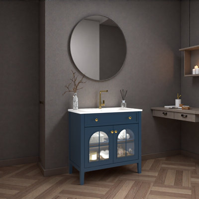 Lavabo de salle de bain 35,6 po Mid-Century avec verre à motif et bande lumineuse à capteur de mouvement, meuble-lavabo sur pied Farmhouse