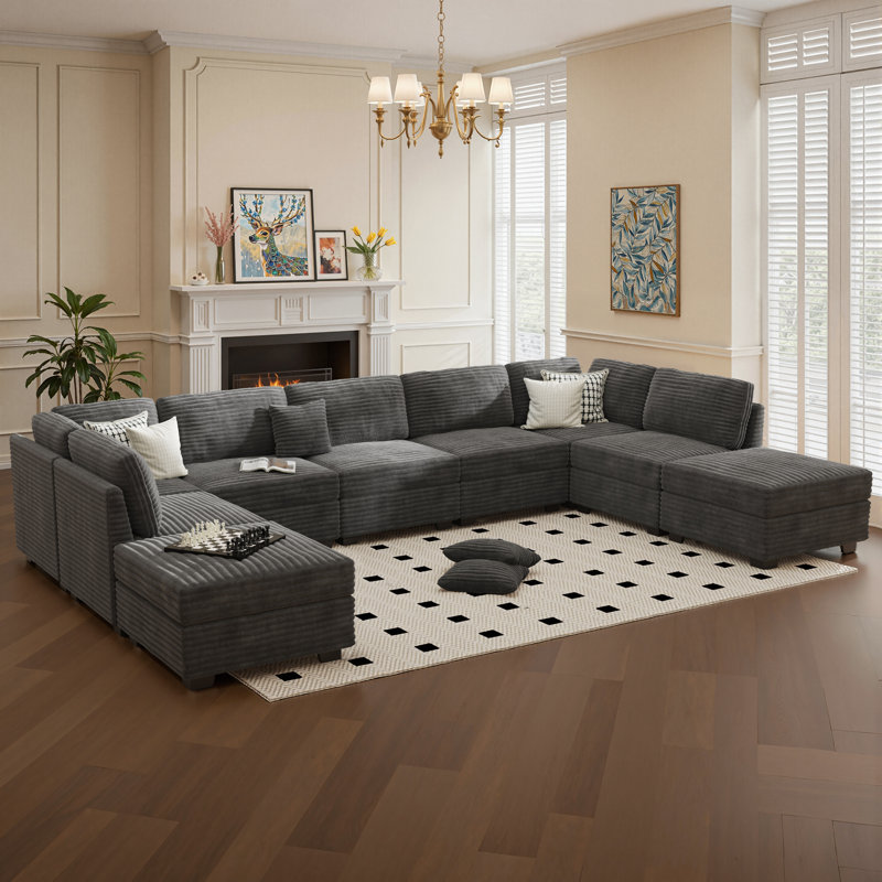 Modular Combination Sofa, Large L-shaped With Ottoman， Corduroy With Spring-wrapped Cushions, With A Capacity Of 9 Seats, Comfortable Living Room Cushions