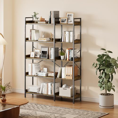 2 in 1 L-Shaped Corner Bookshelf, 5 Tier Large Etagere Bookcase with Hooks & Steel Frame, Industrial Display Shelves