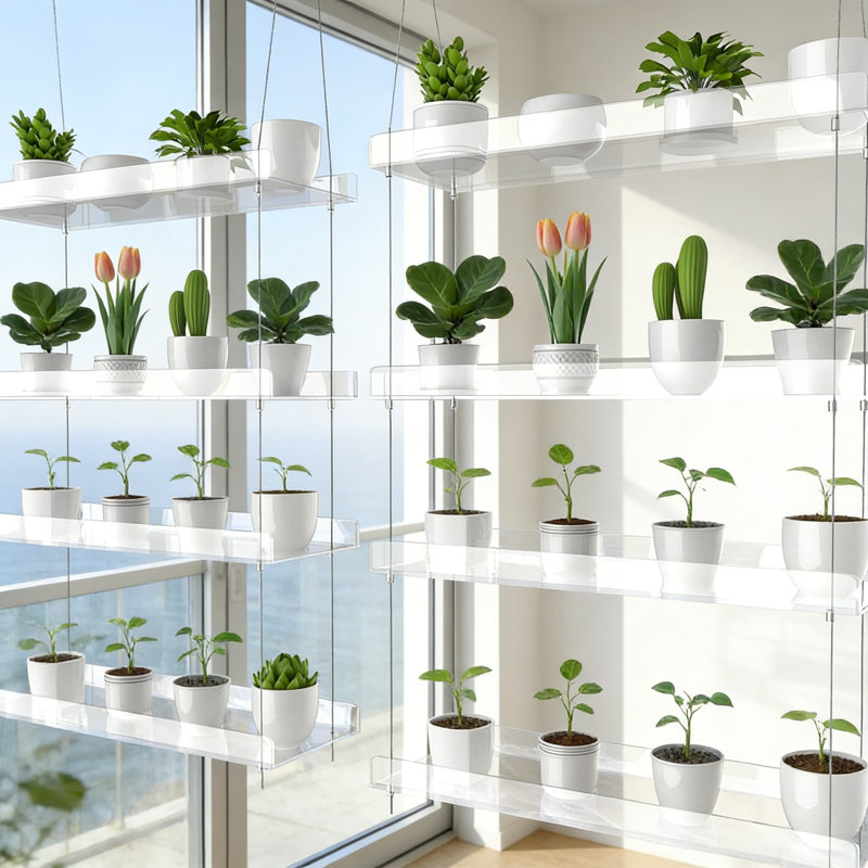 Tablette suspendue à 4 niveaux pour plantes - Organisateur mural en acrylique pour les jardins intérieurs, les herbes, les semis et les pots de fleurs