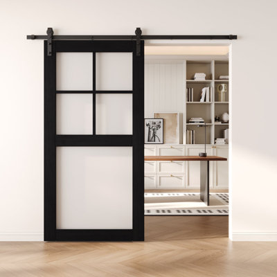 36x80 Black Color 5-Lite Frosted Glass Design Finished Unassembled Solid Wood Sliding Barn Door Only