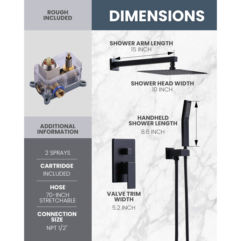 2-Spray 10 In. Wall Mounted Shower System Square Rain Shower Head And Handheld Shower With 1.8 GPM Rough-In Valve Included