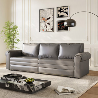 Chesterfield Sofa,93.7" King Pull Out Sofa Bed,3-In-1 Faux Leather Convertible Sleeper Sofa With Nailhead Trim & Rolled Arm,Multi-Functional Sofa Bed,Bedroom